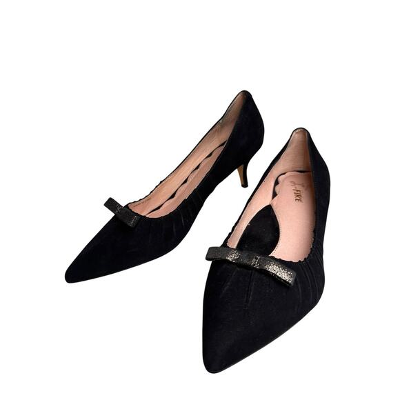 Miss L Fire Marilyn Pointed Toe Black Suede Kitten Heel 1950s Sz 40 Retro Bow EC - Picture 9 of 16